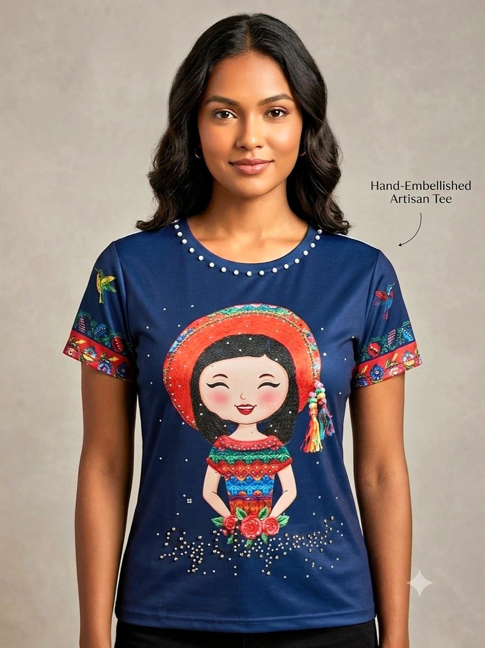 Embellished Short Sleeve Top in Blue & Black
